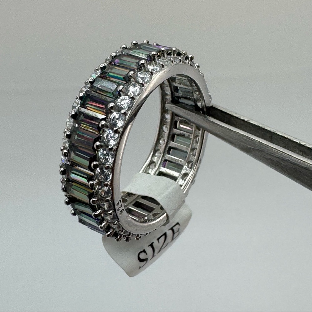 Beautiful 925 Sterling Silver Mystic Baguette CZ Eternity Band Ring Size 8 New